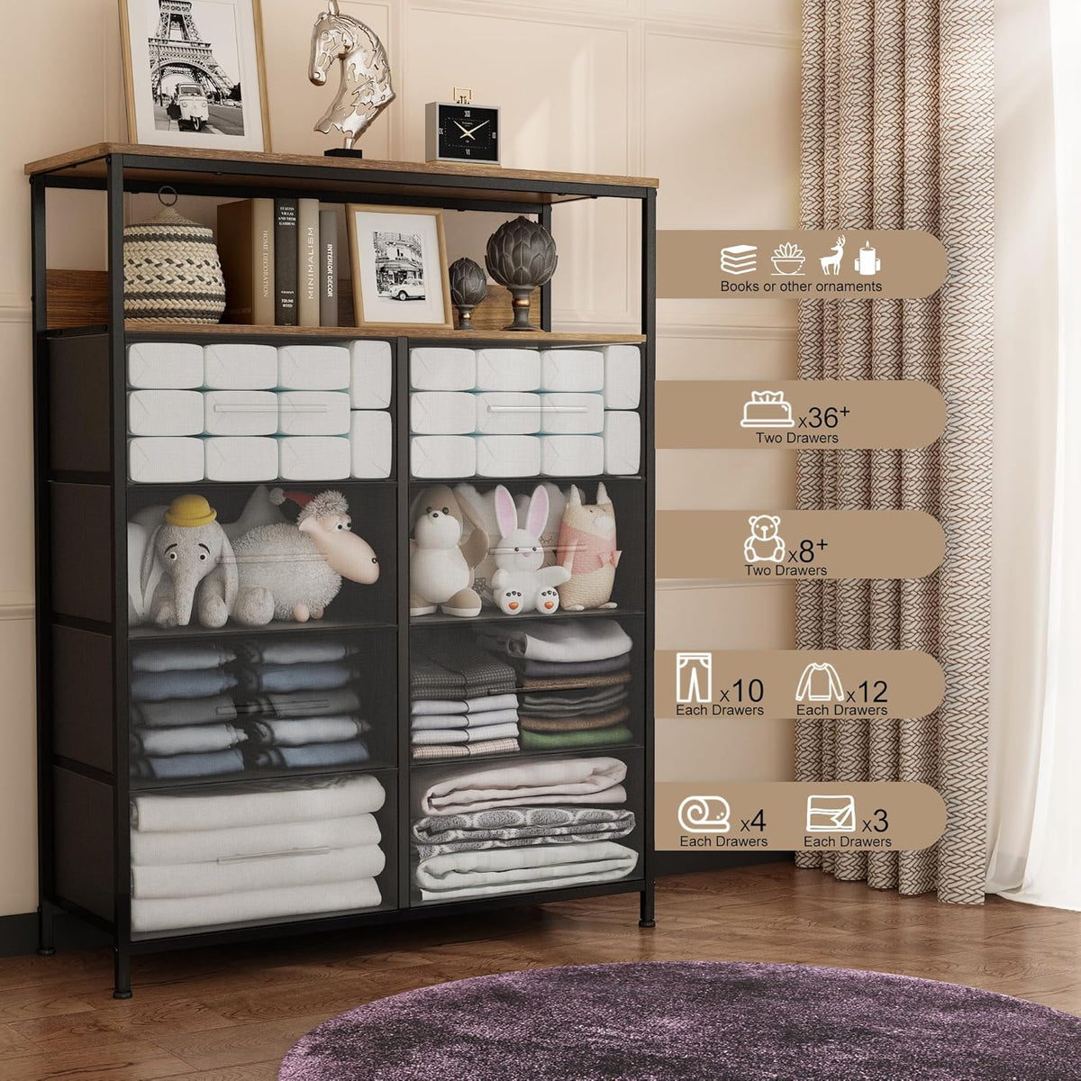 【NS】Dresser for Bedroom with 8 Fabric Drawers, Chest of Drawers, Tall Storage Organizer Unit with 2-Layer Shelves, TV Stand with Wooden Top and Sturdy Metal Frame (Black)