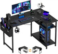 Small L‑Shaped Corner Gaming Desk, Reversible Storage Shelves Computer Desk with Storage Bag & Headphone Hook, Home Office Workstation for Study Writing Gaming