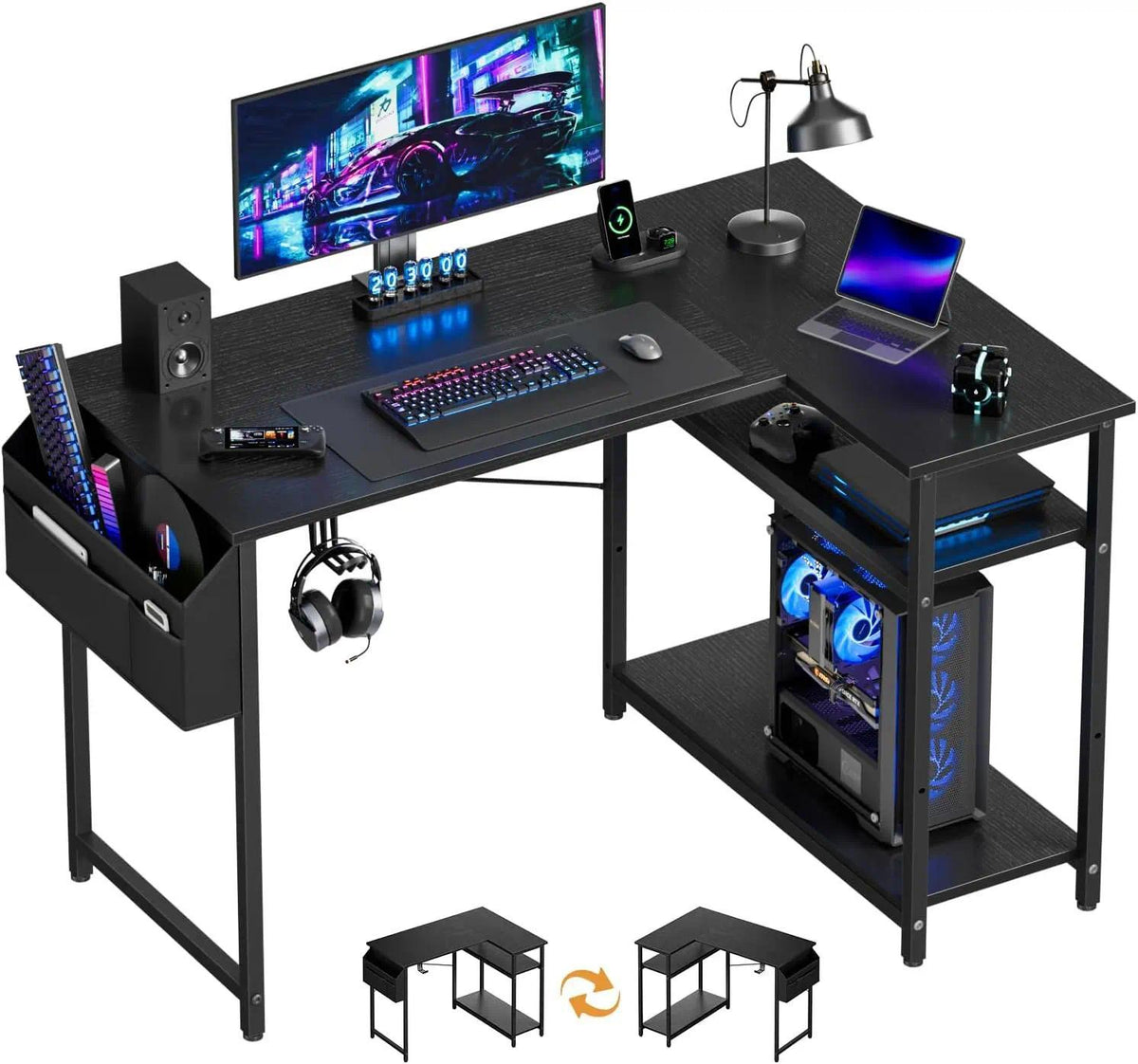 Small L‑Shaped Corner Gaming Desk, Reversible Storage Shelves Computer Desk with Storage Bag & Headphone Hook, Home Office Workstation for Study Writing Gaming