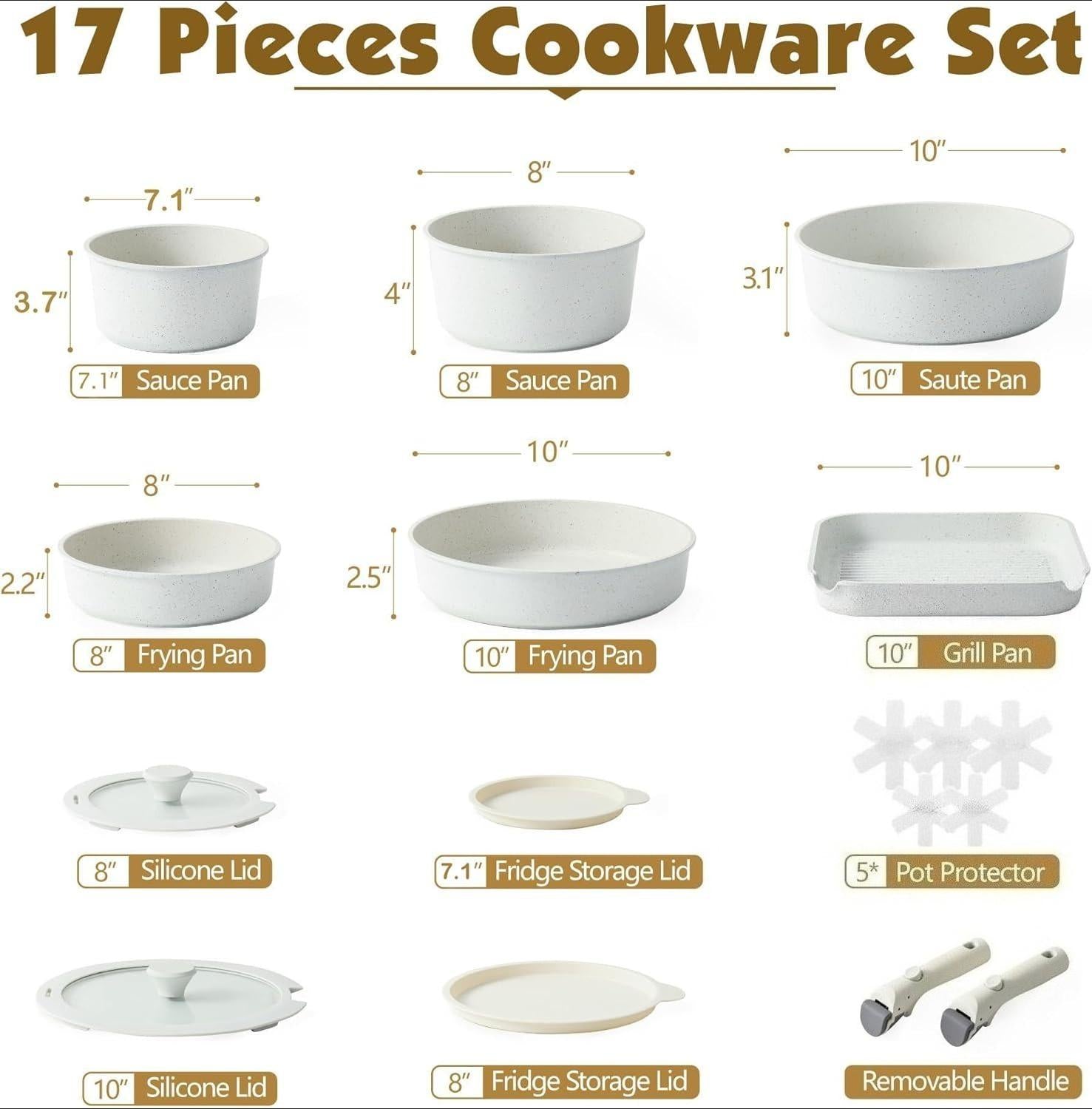 Nonstick Cookware Set with Detachable Handle, Induction Compatible Removable Handle Pots and Pans, Oven Safe Kitchen Set White [Plus A Free Gift]