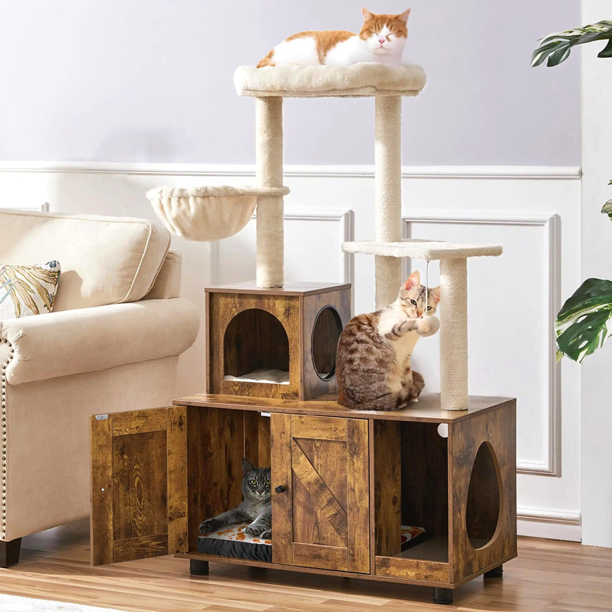 Cat Tree Tower with Hidden Litter Box Enclosure, All‑in‑One Wooden Cat Furniture for Indoor Large Cats, Kitty Washroom Cabinet with Condo, Hammock, Sisal Scratching Posts, Top Perch Platform, Multi‑Level Pet Kitten House