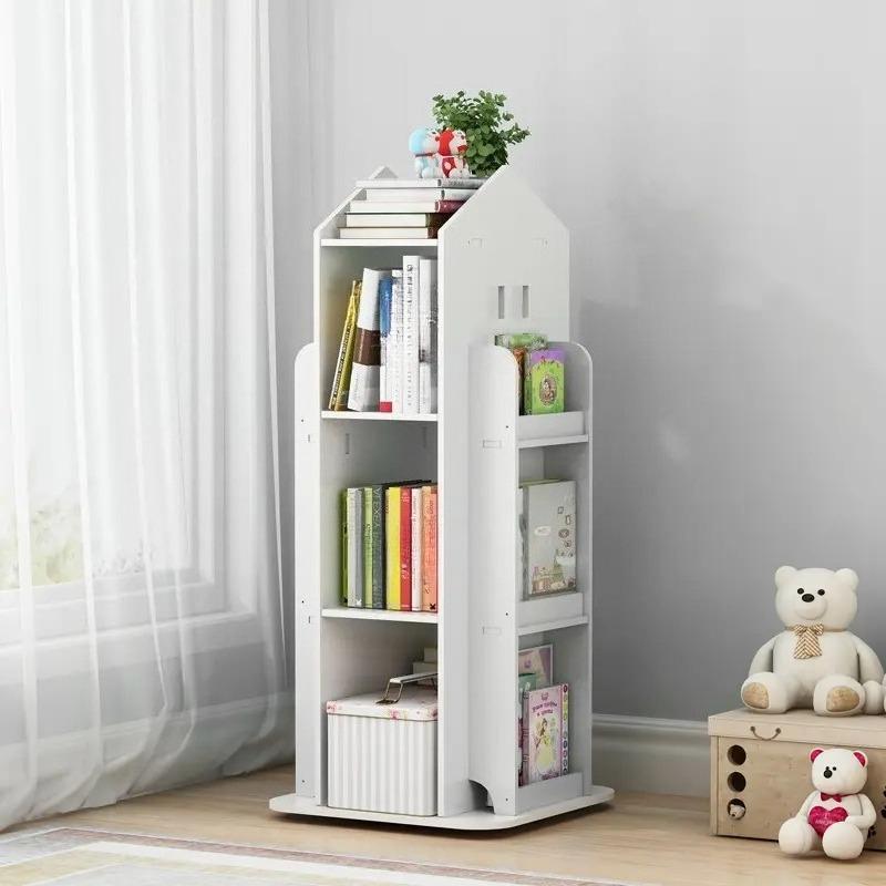 3‑Colors 360° Rotating Kids Bookshelf, House‑Shaped Spinning Wooden Floor Standing Bookcase, Multi‑Functional Book Display & Toy Storage Organizer for Child’s Bedroom, Nursery, Study Room, Playroom