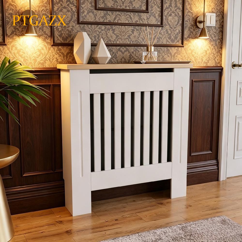 Modern White Radiator Cover, Painted MDF Cabinet with Slats and Grille, Wooden Top Shelf for UK Home [Plus A Free Gift]