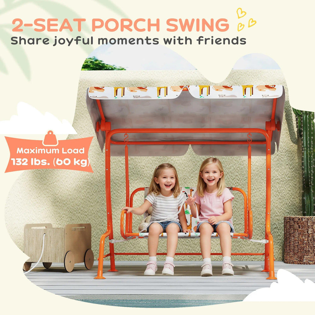 2‑Seater Kids Patio Swing Bench, Orange Weather‑Resistant Swing Chair with Adjustable Canopy & Safety Seat Belts, EN71 Certified Indoor Outdoor Swing Seat for Garden Patio Playroom Backyard