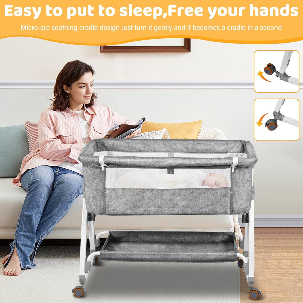 Portable Newborn Bassinet Cot - Adjustable Height Baby Bedside Sleeper with Storage Bag Mosquito Net & Mattress Foldable Travel Crib for Infant [Plus A Free Gift]