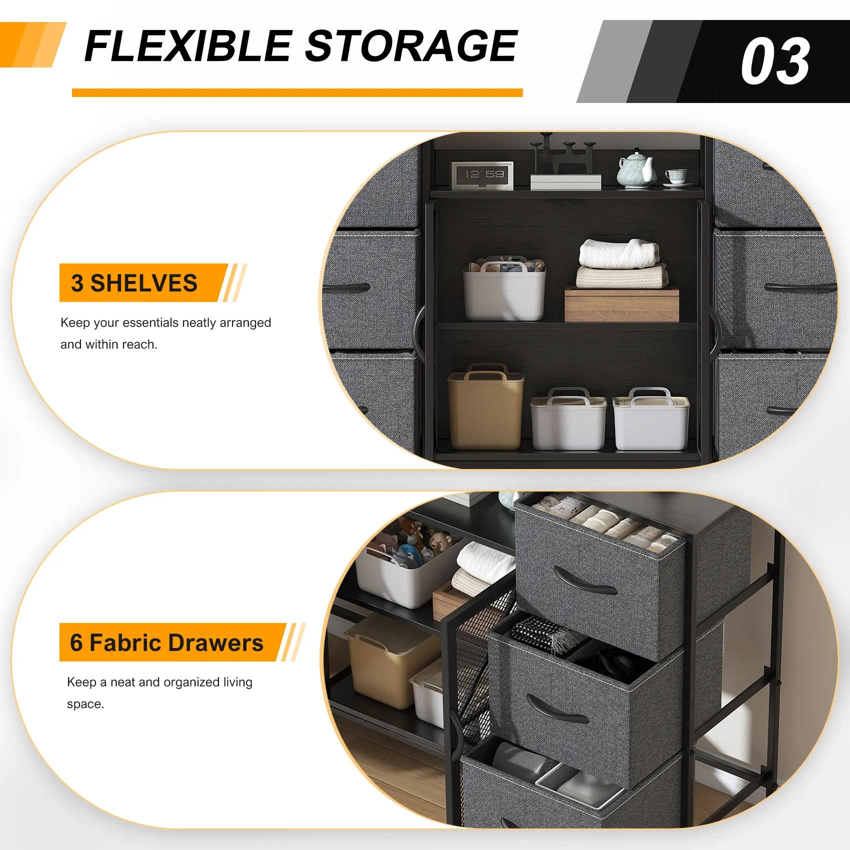 Fabric Storage Dresser with 6 Drawers, Sturdy Metal Frame Organizer Chest, Wooden Top & Mesh Cabinet Design, Versatile Home Furniture for Bedroom Living Room Hallway Entryway