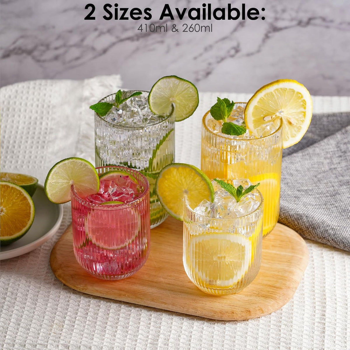 410ml Ribbed Highball Glasses Tall Hi Ball Glassware for Water Gin Juice Cocktail Ideal for Home Restaurant Events & Parties Dishwasher Safe