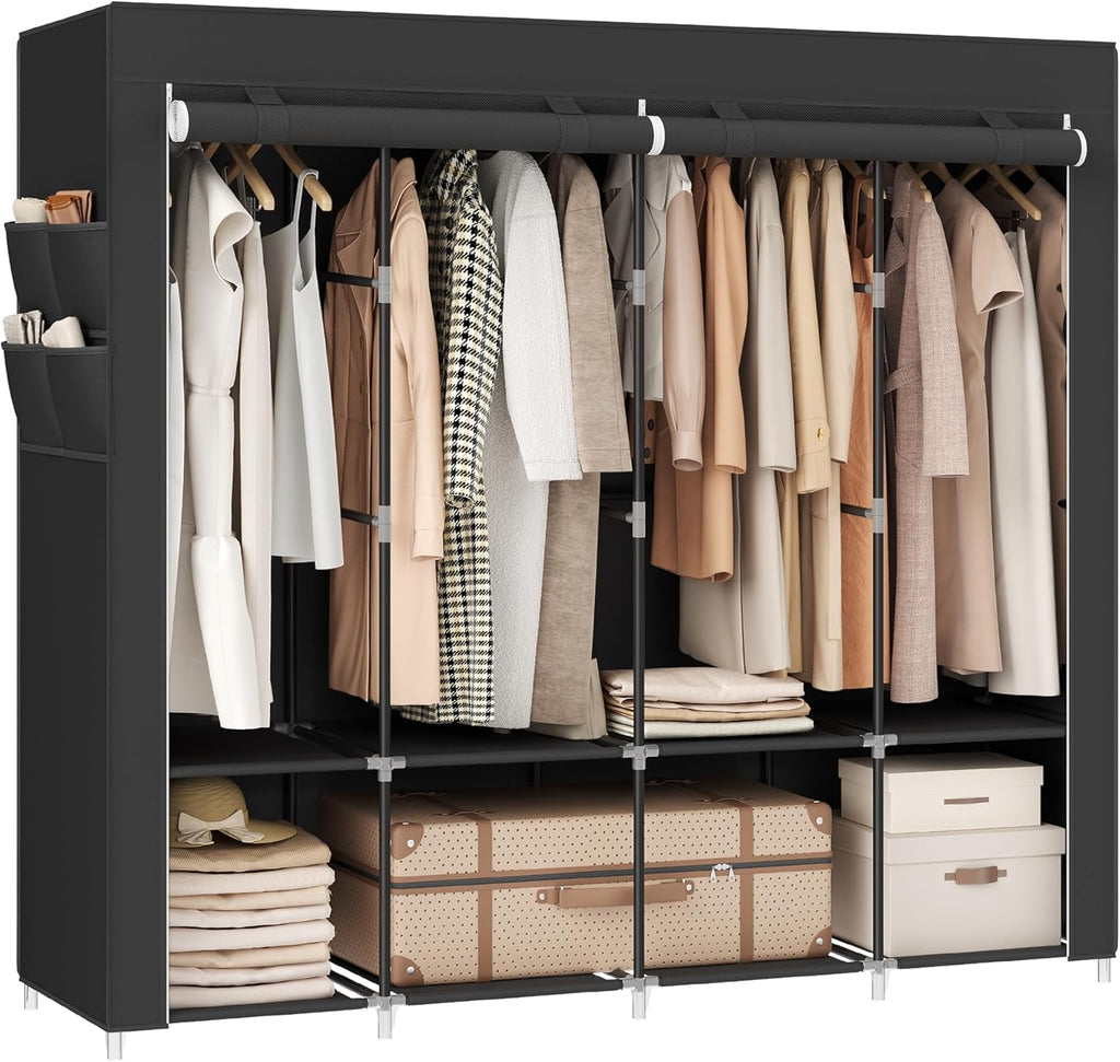 Large Portable Wardrobe Closet - 170x45x167cm | 4 Hanging Rails, Shelves & 4 Side Pockets | Heavy Duty Garment Organizer | For Bedroom, Living Room | Black