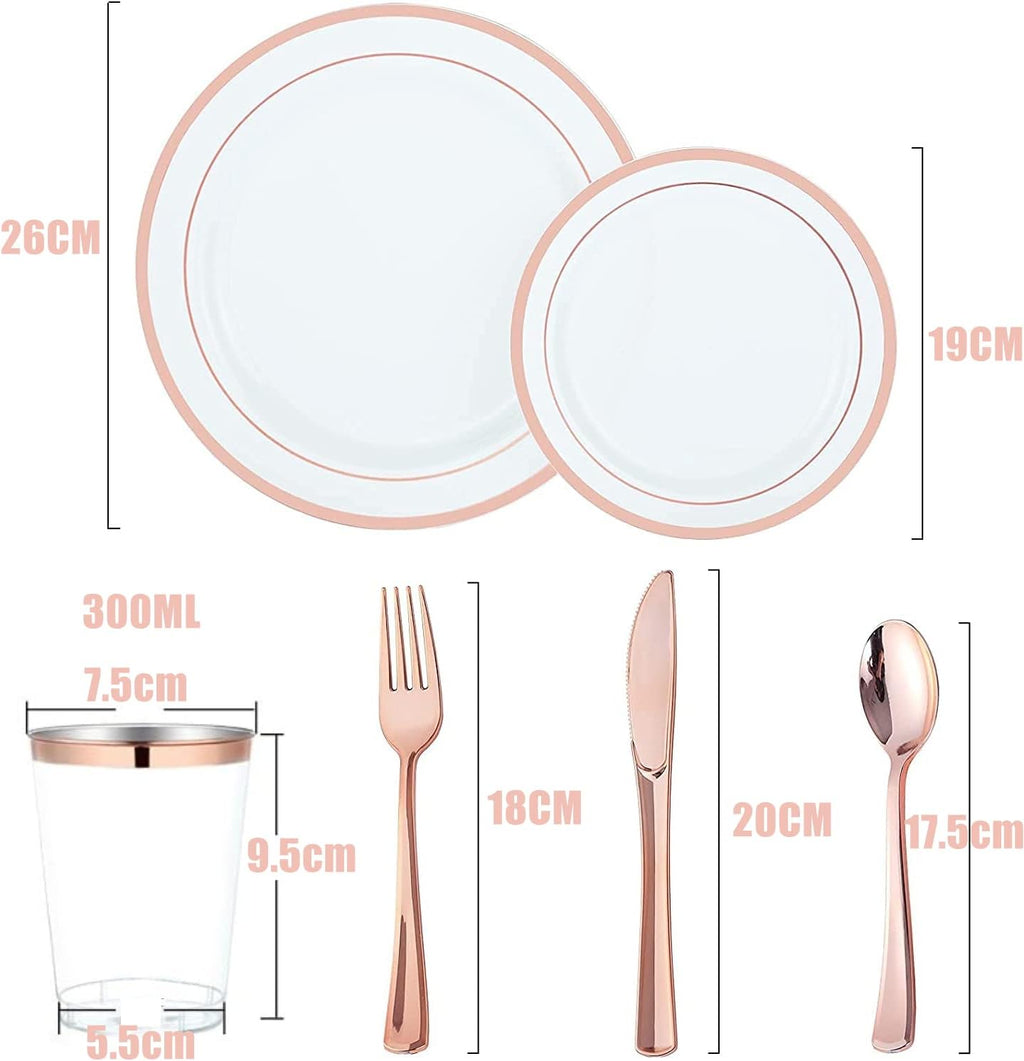 Multi-Use  Plastic Dinnerware Set,  Resuable Dinner Plates,  Salad Plates,  Knives,  Mini Forks,  Spoons,  300ml Cups for Wedding Anniversary Garden Party