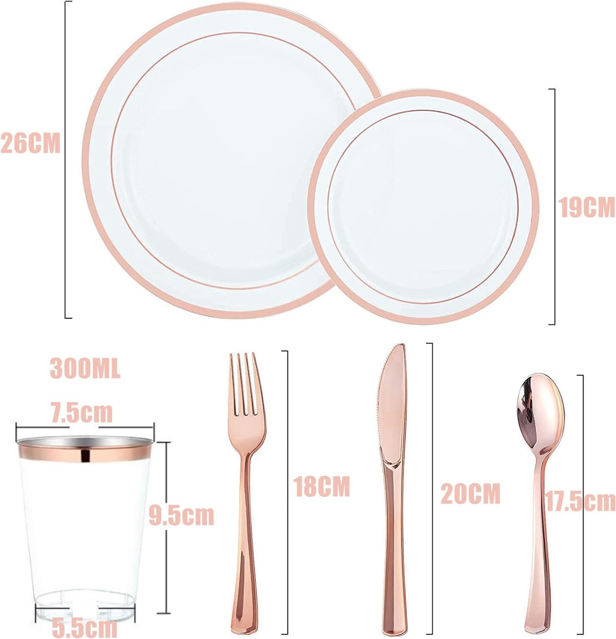 Multi-Use  Plastic Dinnerware Set,  Resuable Dinner Plates,  Salad Plates,  Knives,  Mini Forks,  Spoons,  300ml Cups for Wedding Anniversary Garden Party