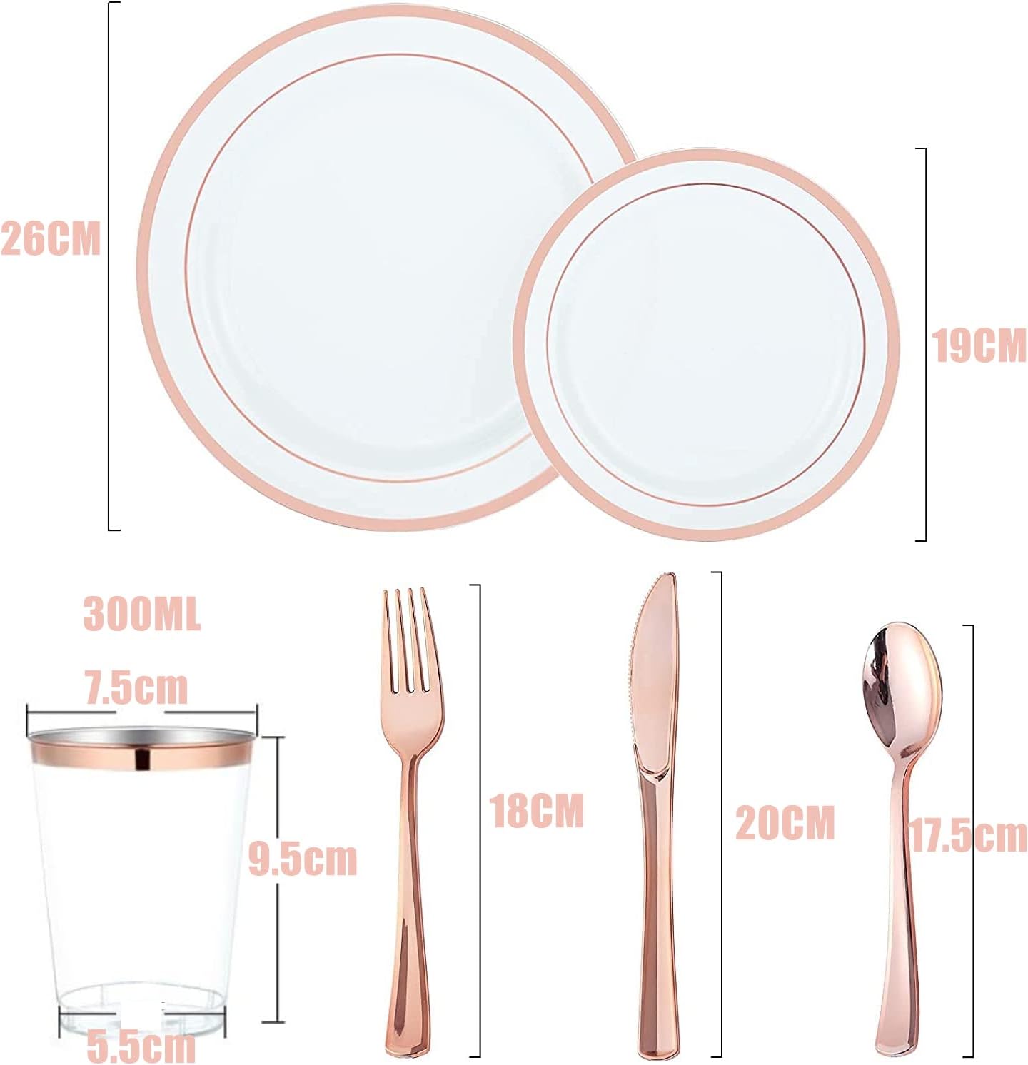 Multi-Use  Plastic Dinnerware Set,  Resuable Dinner Plates,  Salad Plates,  Knives,  Mini Forks,  Spoons,  300ml Cups for Wedding Anniversary Garden Party
