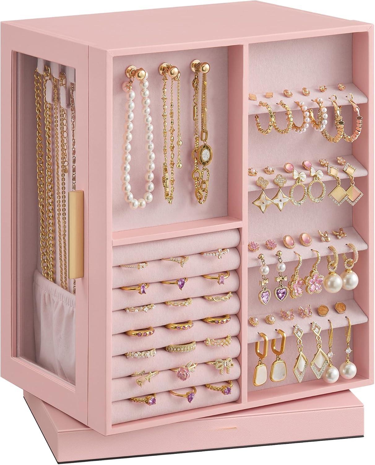 Luxury Cloud 360° Rotating Jewellery Box Organiser, Vertical Large Capacity Jewellery Display Case with 5 Drawers Transparent Window, Open Design Spacious Jewelry Storage Box, Elegant Gift for Women Girls Dresser Desktop Decor