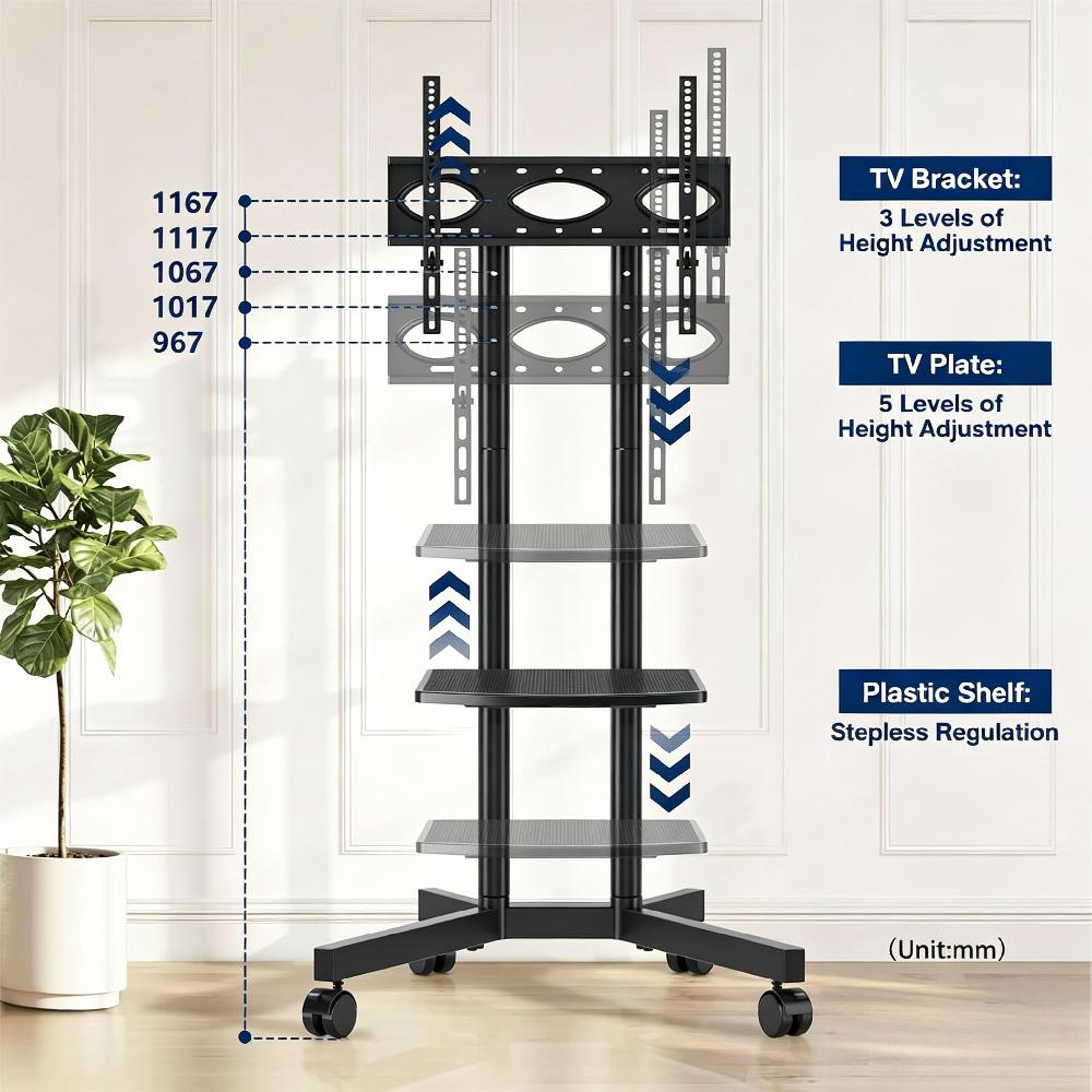 Mobile TV Stand with Wheels for 32-75 Inch Flat Screen TVs, Height-Adjustable Corner Floor Stand with Storage Shelf, Max VESA 400x400mm, Supports up to 40kg, Black [Plus A Free Gift]