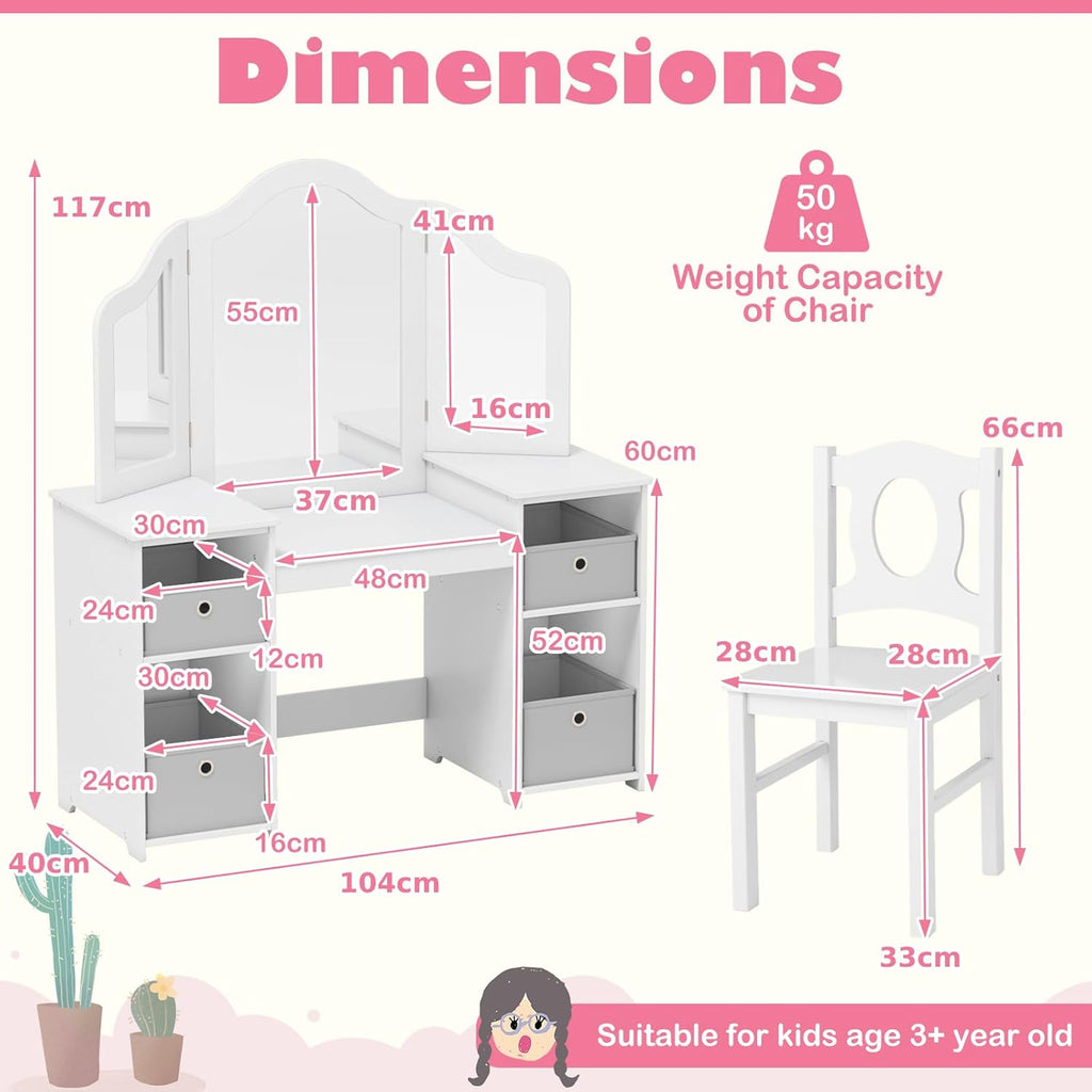 【NS】Kids Vanity Table and Stool Set, Princess Makeup Dressing Tables with Tri-Folding Detachable Mirror, 4 Storage Shelves, Wooden Children Study Desk for 3+ Years Old (White with Grey Bins)