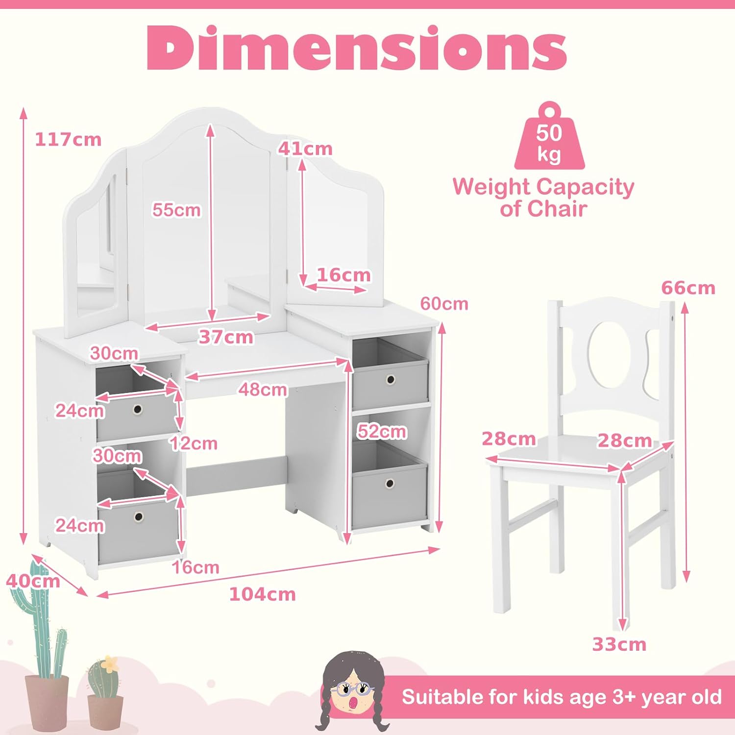 【NS】Kids Vanity Table and Stool Set, Princess Makeup Dressing Tables with Tri-Folding Detachable Mirror, 4 Storage Shelves, Wooden Children Study Desk for 3+ Years Old (White with Grey Bins)