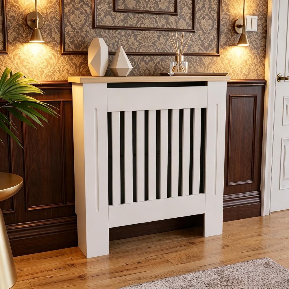 Modern White Radiator Cover, Painted MDF Cabinet with Slats and Grille, Wooden Top Shelf for UK Home [Plus A Free Gift]