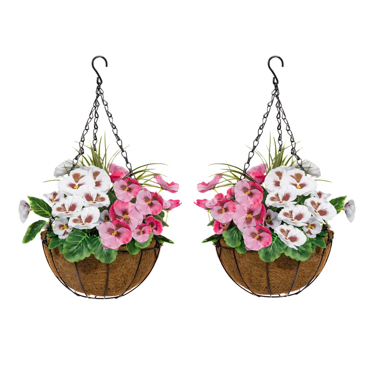 2 Pcs Coco Coir Artificial Hanging Planters, Fake Pink White Pansies Floral Arrangement with Decorative Grasses, UV Waterproof Hanging Basket for Indoor Outdoor Garden Decor