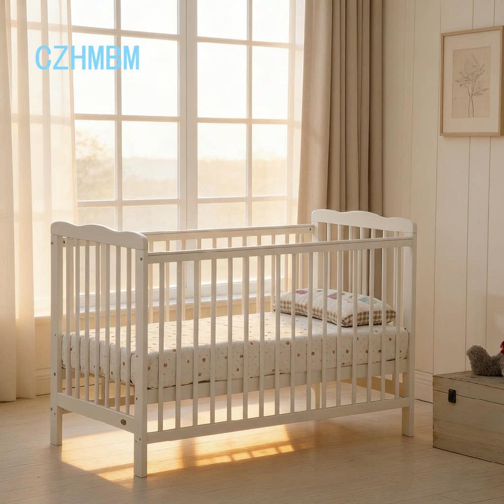 Baby Cot Crib with Waterproof Mattress & Adjustable Height - Grey/White Modern Nursery Bed, Safe Newborn Sleeping Crib [Plus A Free Gift]