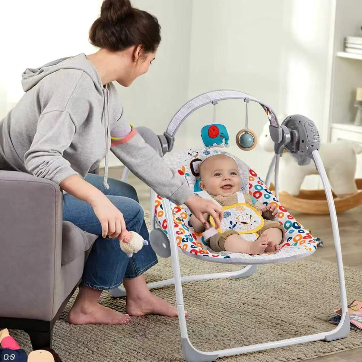 Battery Operated Foldable Baby Swing with 5 Adjustable Swing Speed, Auto Off Timer, Built-in Calming Music & Hanging Toys, Portable Infant Rocker for Newborn Nursery Use