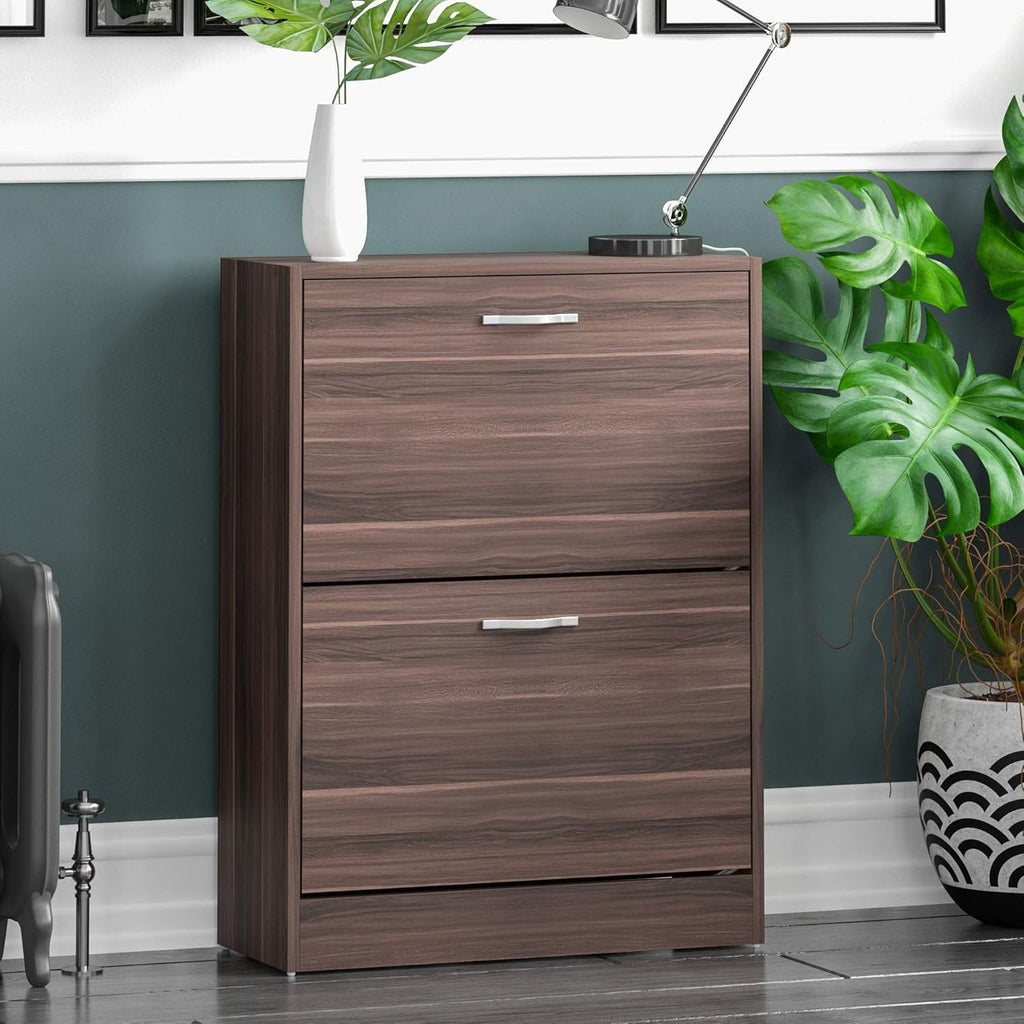 Wooden Shoe Cabinet for Hallway Entryway, Slim Dustproof Shoe Storage Unit with 2 Pull-Down Drawers, Space-Saving Multifunctional Cupboard in Walnut