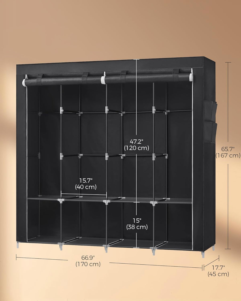 Large Portable Wardrobe Closet - 170x45x167cm | 4 Hanging Rails, Shelves & 4 Side Pockets | Heavy Duty Garment Organizer | For Bedroom, Living Room | Black