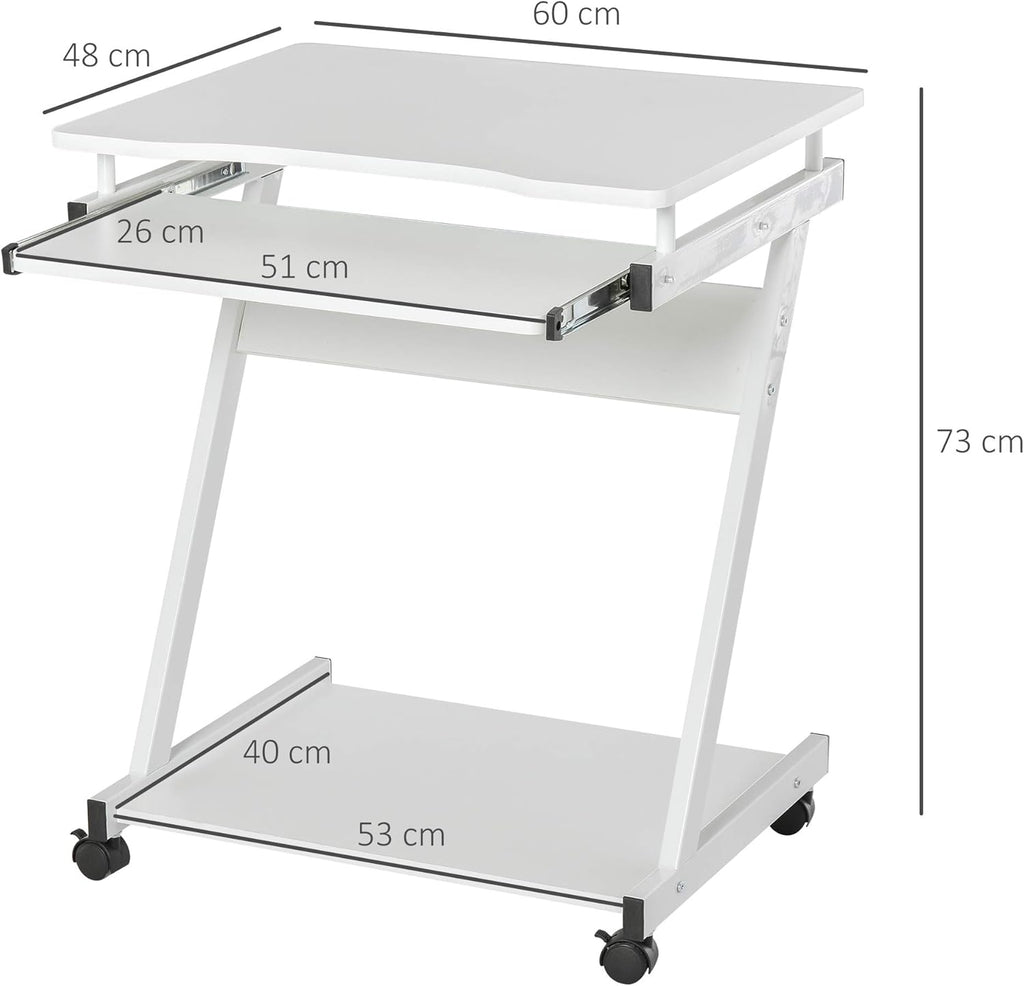 Movable Computer Desk with 4 Moving Wheels Sliding Keyboard Tray Home Office Workstation White