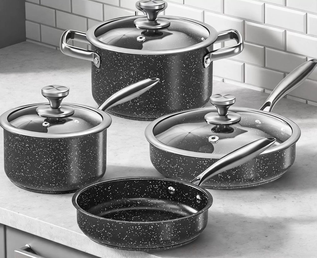 Stainless Steel Pots and Pans Set, 7-Piece Induction Hob Pan Set with Stay Cool Handles, Nonstick Saucepan Set Cooking Pans Set with Glass Lids, Black Granite Kitchen Cookware Set, for All Stove