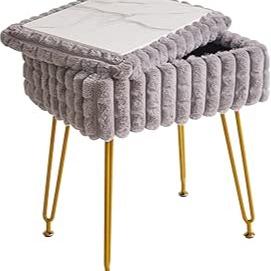 White Rectangular Vanity Chair with Storage – Ottoman Footrest Stool with Anti-Slip Feet & Square Grid Design, Perfect for Bedroom and Makeup Room