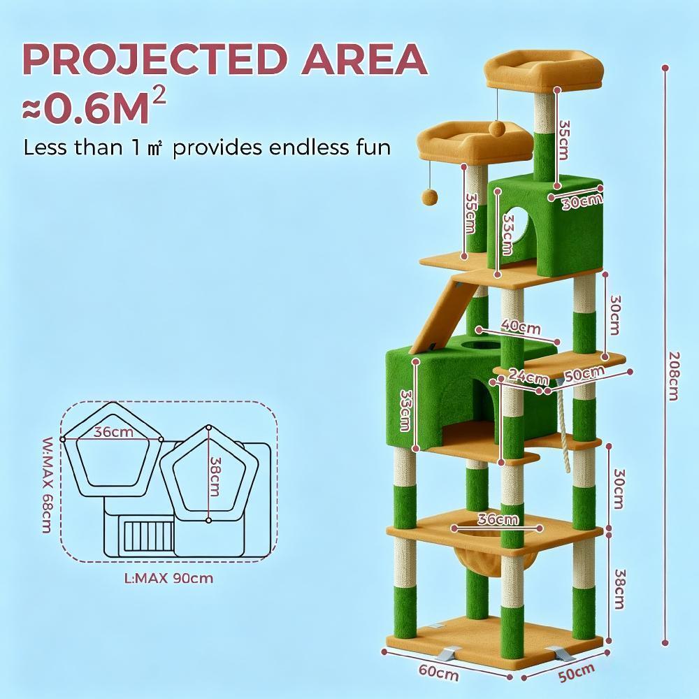 208cm Extra Large Cat Tree, Multi-level Scratching Post Climbing Tower with Hammock Basket, Activity Centre for Playful Cats [Plus A Free Gift]