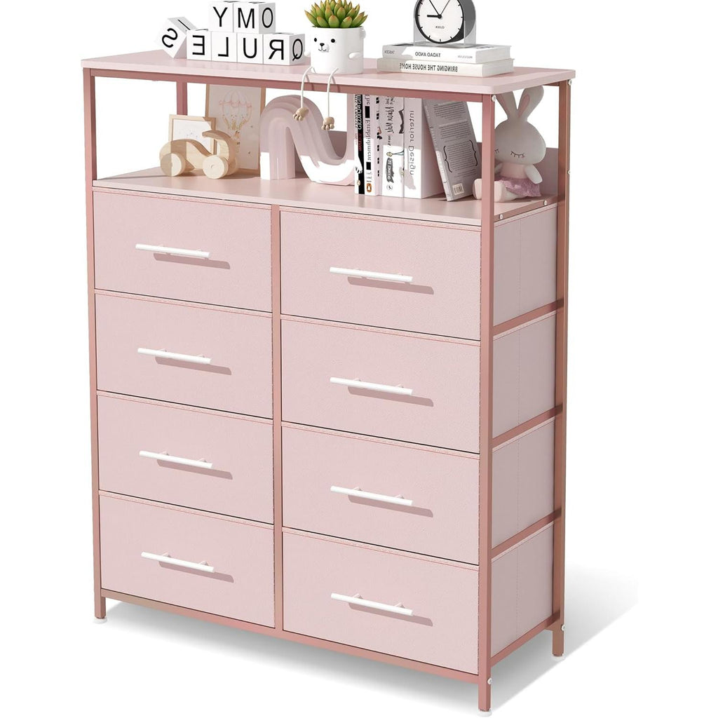 【NS】Dresser for Bedroom with 8 Fabric Drawers, Chest of Drawers, Tall Storage Organizer Unit with 2-Layer Shelves, TV Stand with Wooden Top and Sturdy Metal Frame (Black)
