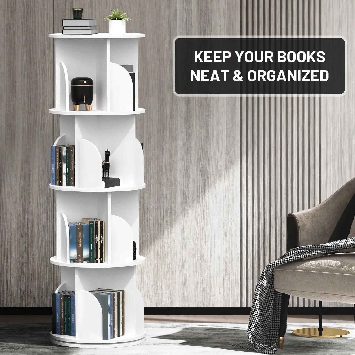 360° Rotating 4-Tier Bookshelf, Space-Saving Spinning Book Tower with Open Display Shelves, Freestanding Storage Rack for Living Room Bedroom Study Home Office, Easy Assembly Sturdy Floor Unit [Plus A Free Gift]