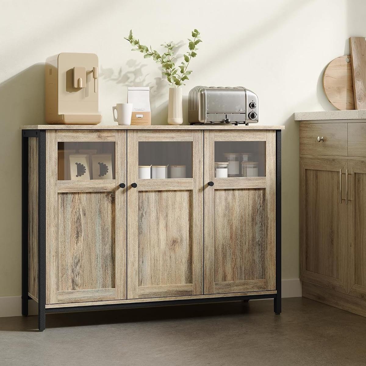 Industrial Style Sideboard Buffet Cabinet, Glass & Solid Panel Storage Cabinet with Adjustable Shelf and Robust Steel Frame, Modern Multipurpose Accent Furniture for Kitchen, Hallway, Living Room and Dining Room Decor