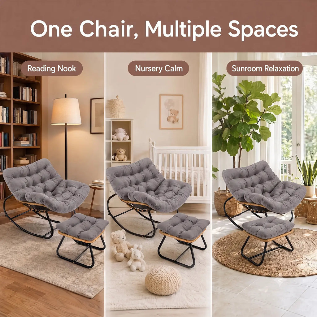 CROWNSHOP Chairs Oversized Rattan Egg Rocking Chair – Outdoor Wicker Chair with Metal Frame, Large Cushioned Seat for Garden & Patio