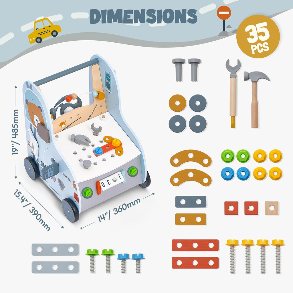 Baby Walker First Step Activity - Adjustable Speed Wooden Push Walker with Activity Center, Car Traffic & Tool Bench Theme: Shape Sorter, Steering Wheel, Gears, Beads - Montessori Learning Walking Toy for Toddlers 1 2 3 Years Old [Plus A Free Gift]