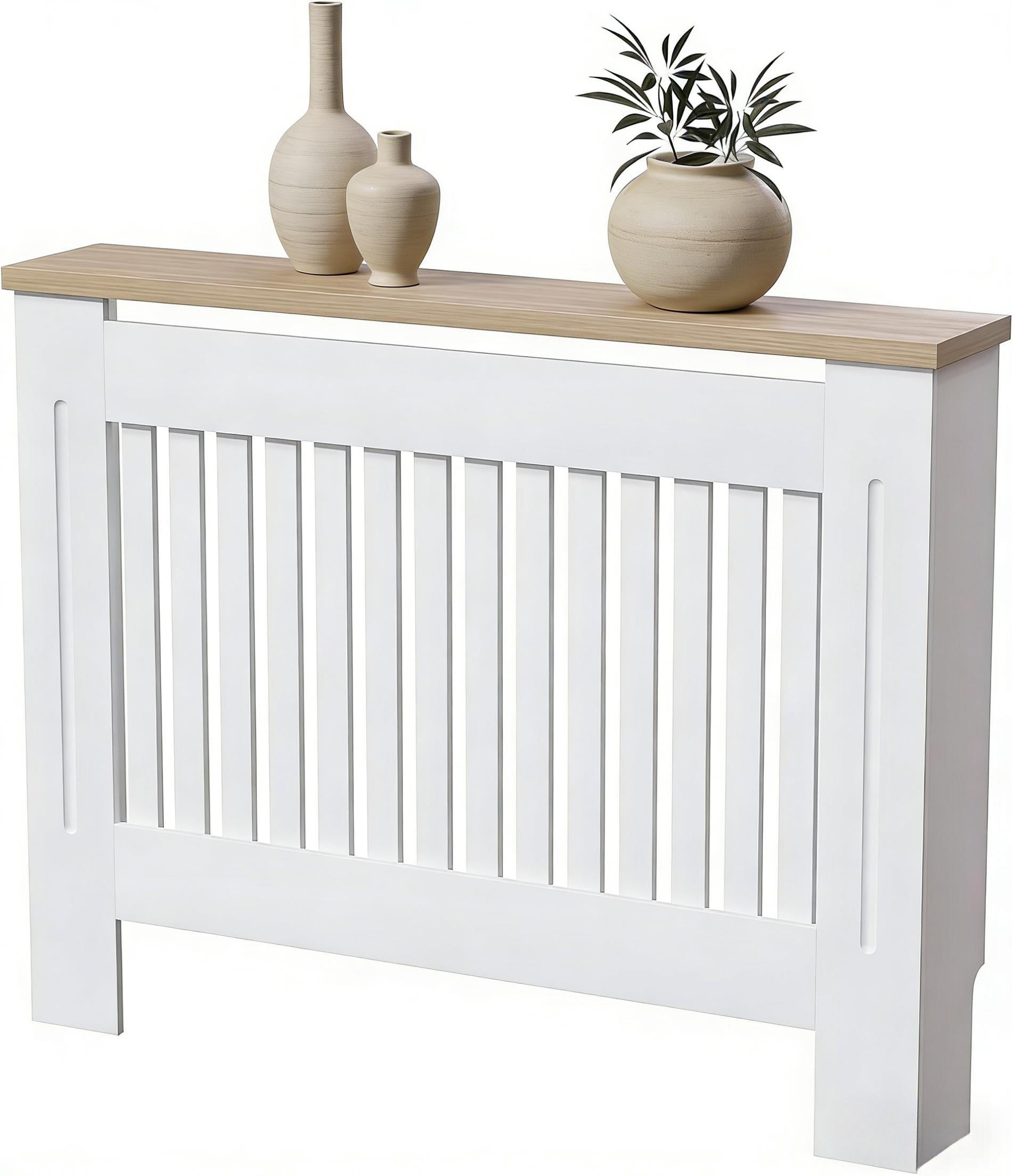 White MDF Radiator Cover with Wood Shelf - White -  Modern Swing-style Vertical Grille Design for Optimal Heat Circulation - Painted MDF Cabinet with Wooden Upper Shelf