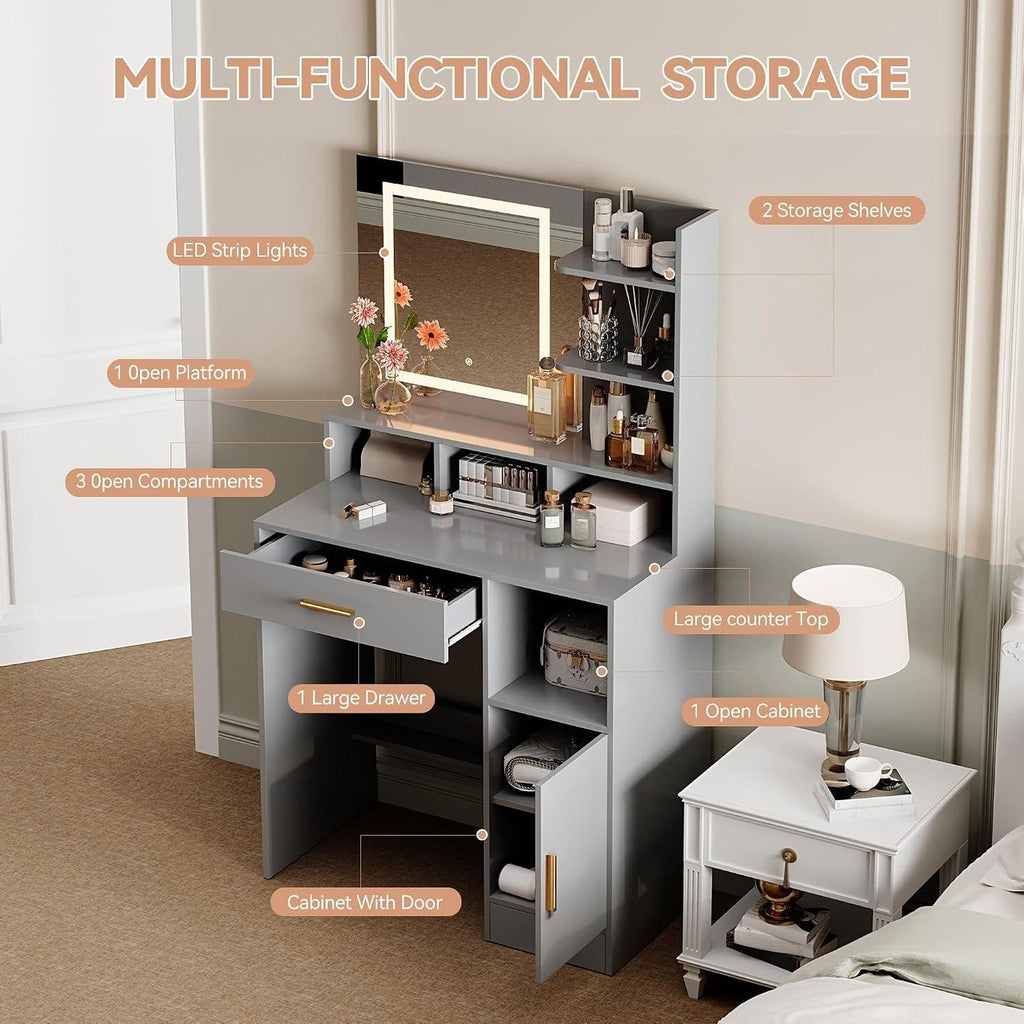Modern Dressing Table, Vanity Desk with LED Lighted Mirror & Drawers, Touch‑Control 3 Color Modes Brightness Adjustable Makeup Table, Large Open Storage Shelves Cabinet, Cosmetic Vanity Desk for Bedroom