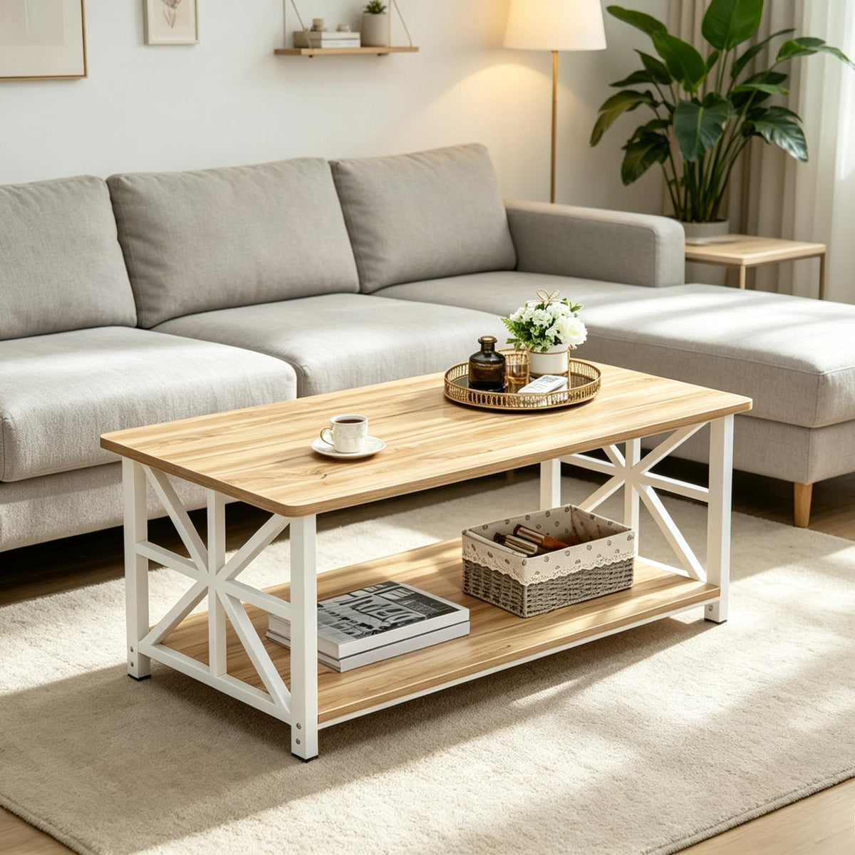 2-Tier Storage Coffee Table, 100cm Modern X-Frame Accent Table with Safe Rounded Corners, Multipurpose Side Table for Living Room Home Office