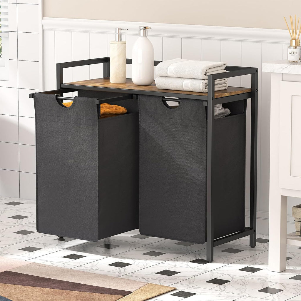 【NS】Laundry Hamper 2 Sections, 95 L Laundry Basket with Shelf and Double Pull-Out Removable Bags, Laundry Sorter for Laundry Room Bedroom Bathroom Dorm, Black