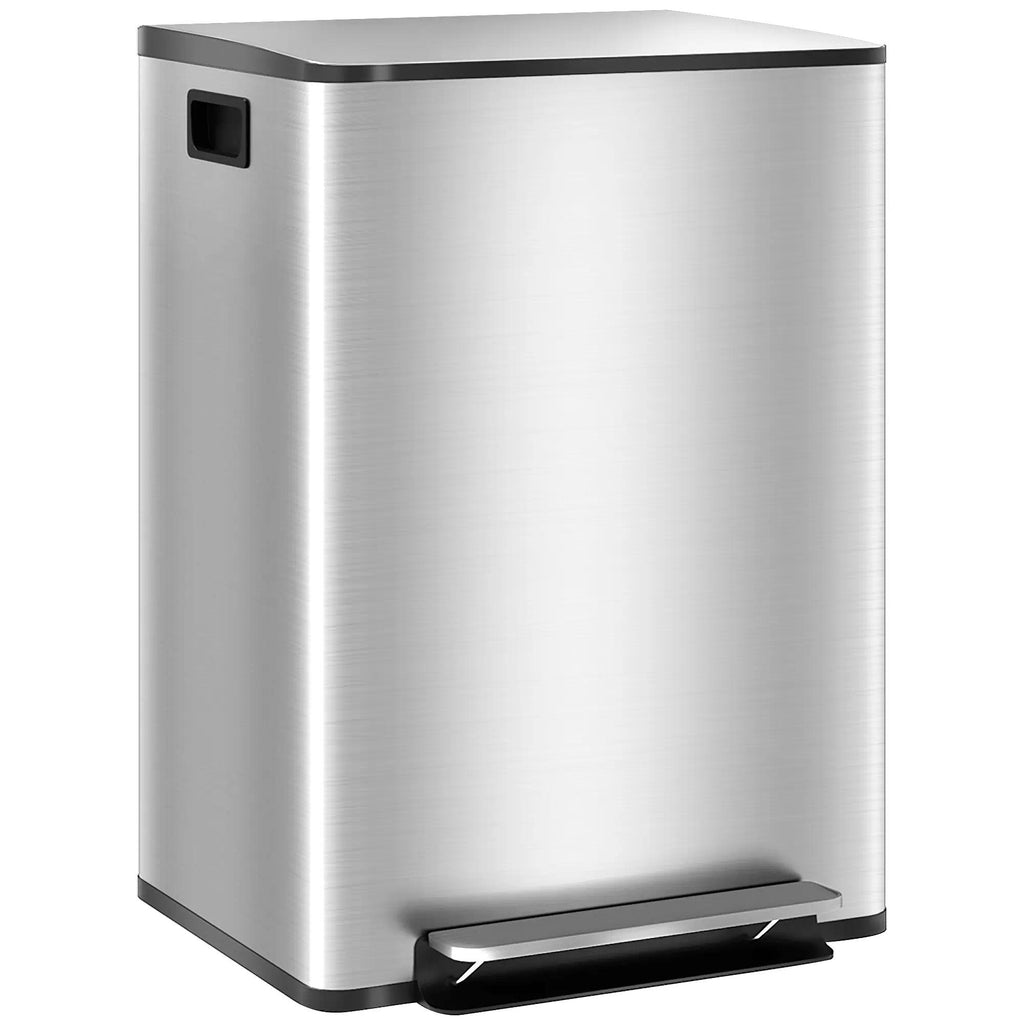 Dual Kitchen Recycling Bin, Stainless Steel Double Pedal Trash Bin with Soft‑Close Lid, Removable Inner Buckets with Handles, 2‑Compartment Sorting Waste Bin for Kitchen, Home, Apartment & Office Use