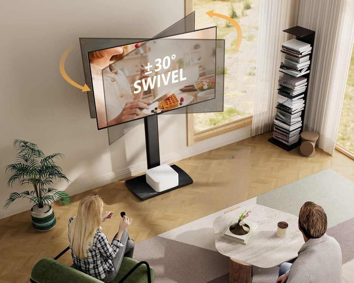 TV Stand – Floor Stand with 20mm Wood Base, 60° Swivel & 6 Height Adjustment, for 32-70 Inch TVs, Max. VESA 600x400mm, Holds 40kg, Slim Design for Corner Use