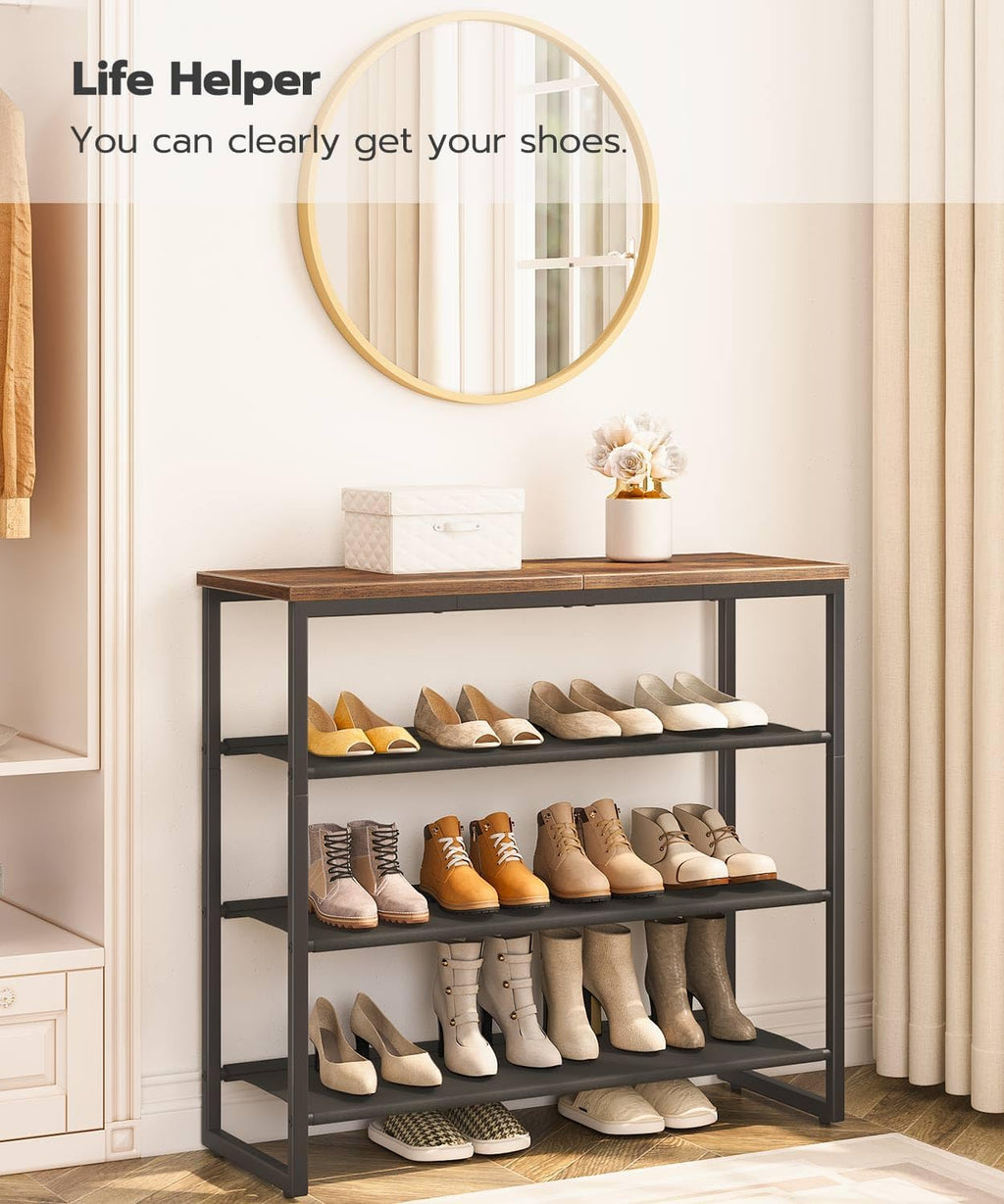 4 Tier Shoe Rack, Rustic Brown Industrial Style - 3 Oxford Fabric Shelves + Top Panel, Holds 12-16 Pairs, Ideal for Closet & Entryway Shoe Storage