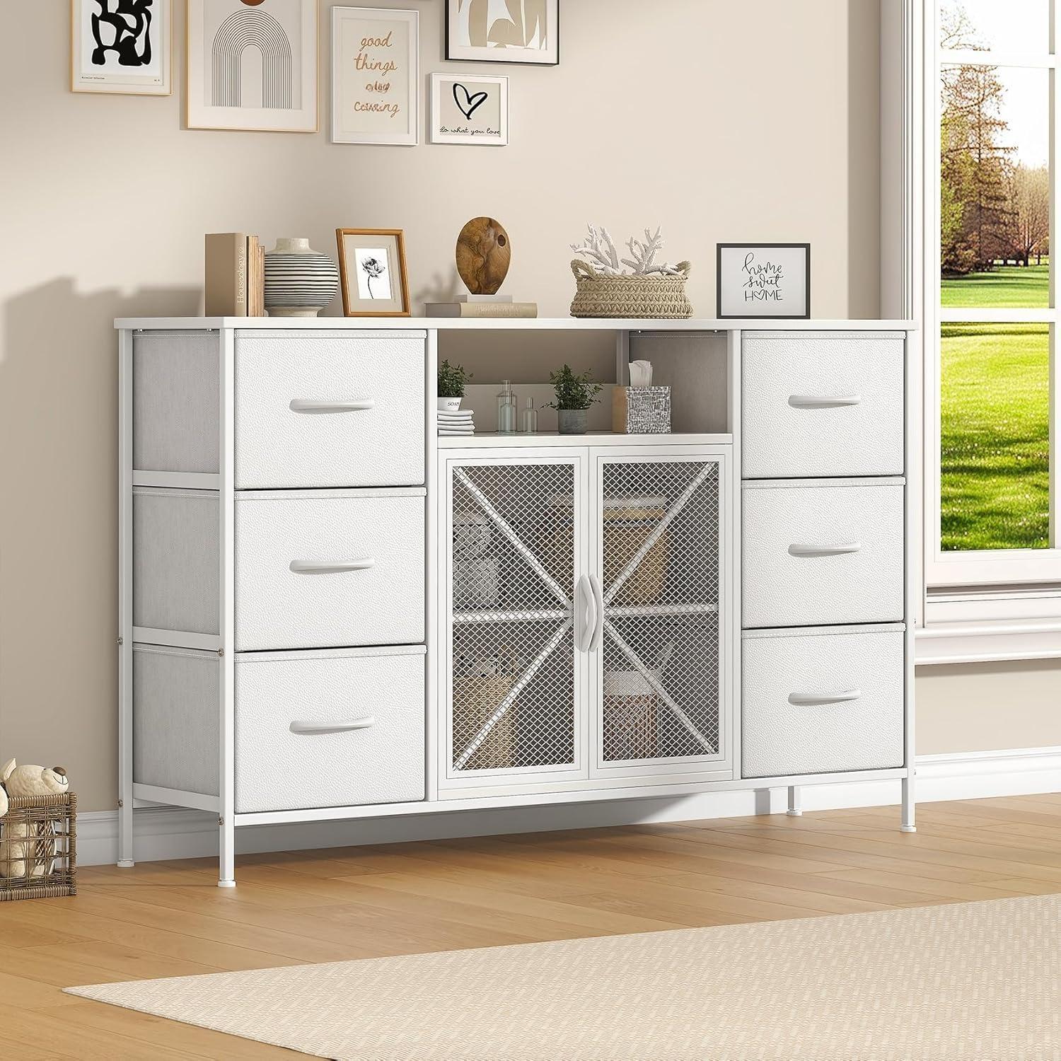 Fabric Storage Dresser with 6 Drawers, Sturdy Metal Frame Organizer Chest, Wooden Top & Mesh Cabinet Design, Versatile Home Furniture for Bedroom Living Room Hallway Entryway
