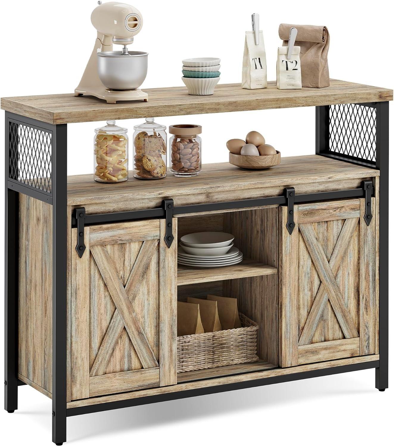 Rustic Wooden Sideboard Buffet Cabinet, Sliding Barn Doors Storage Credenza with Adjustable Shelves & Anti‑Tip Kit, Multipurpose Furniture for Kitchen Living Room Hallway