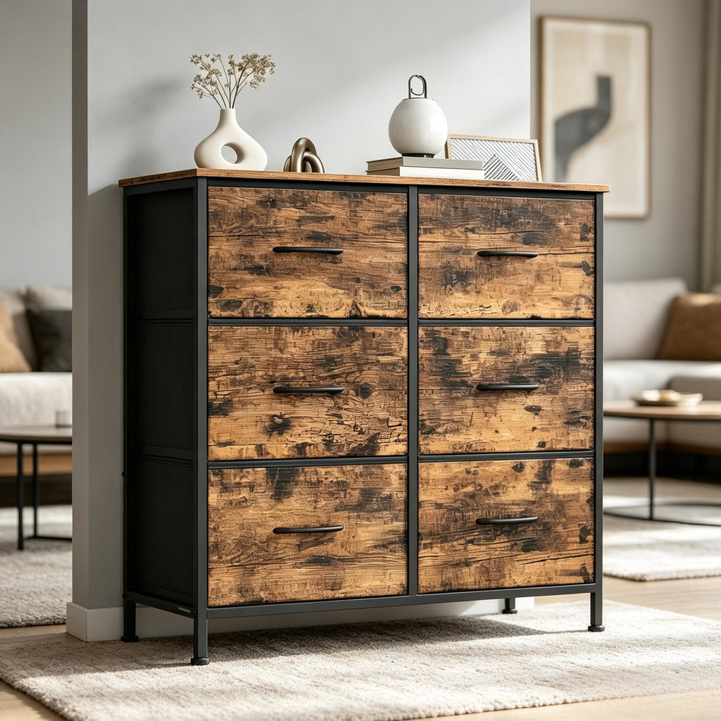 Rustic Brown 6 Fabric Drawers Chest of Drawers, Steel MDF Non‑Woven Storage Unit Dresser with Handy Handles Anti‑Tip Kit Adjustable Feet for Bedroom Closet Hallway Living Room