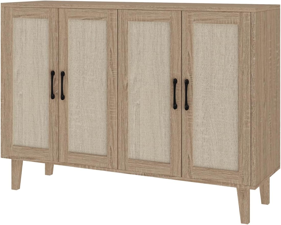 Modern Rattan Sideboard Cabinet, Wooden Buffet Storage Console with Rattan Decor Doors, Versatile Accent Storage Furniture for Kitchen, Living Room, Hallway Entryway