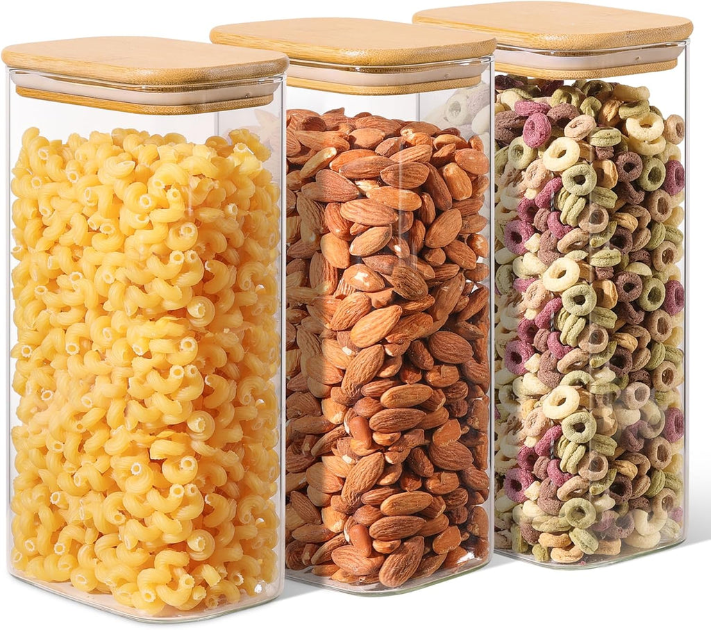 Rectangle Glass Storage Containers with Lids, Glass Jars with Bamboo Lids, Clear Food Storage Jar, Sugar Coffee Containers, Pantry Storage Container for Pasta Flour Oats Nuts