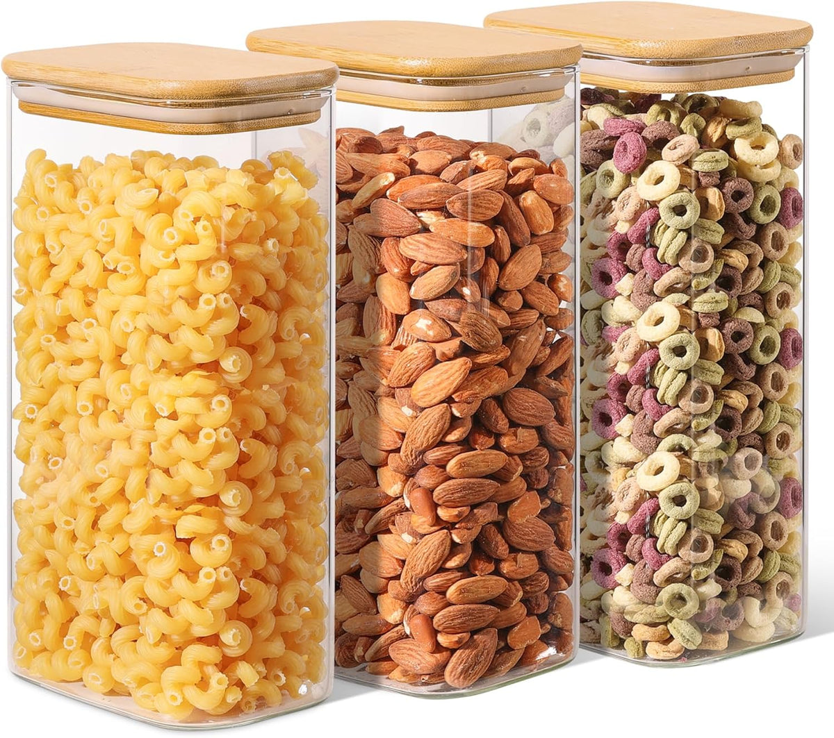 Rectangle Glass Storage Containers with Lids, Glass Jars with Bamboo Lids, Clear Food Storage Jar, Sugar Coffee Containers, Pantry Storage Container for Pasta Flour Oats Nuts