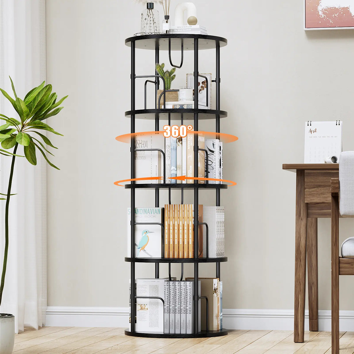 Flycity Rotating Bookshelf,3 Tier -5 Tier Spinning Bookshelf Tower,360° Display Unique Round Bookcase,Floor Standing Corner Revolving Bookshelf Storage Organizer for Home Study Office