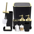 10-Piece Black Gold Bathroom Accessories Set, Complete Bathroom Organizer Kit with Trash Can, Toilet Brush, Toothbrush Holder, Soap Dispenser, Soap Dish, Rinse Cup, Cotton Swab & Cotton Ball Storage Jars for Countertop Decor
