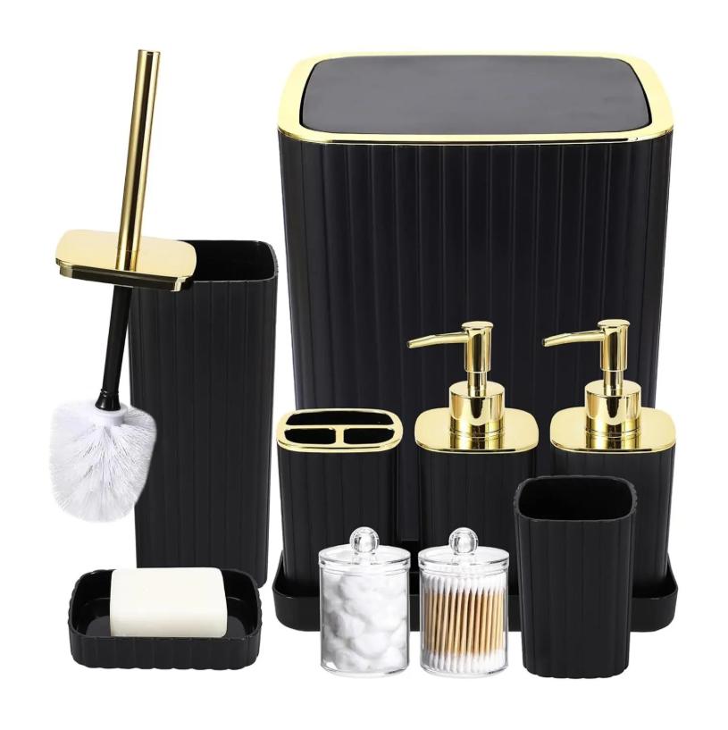 10-Piece Black Gold Bathroom Accessories Set, Complete Bathroom Organizer Kit with Trash Can, Toilet Brush, Toothbrush Holder, Soap Dispenser, Soap Dish, Rinse Cup, Cotton Swab & Cotton Ball Storage Jars for Countertop Decor